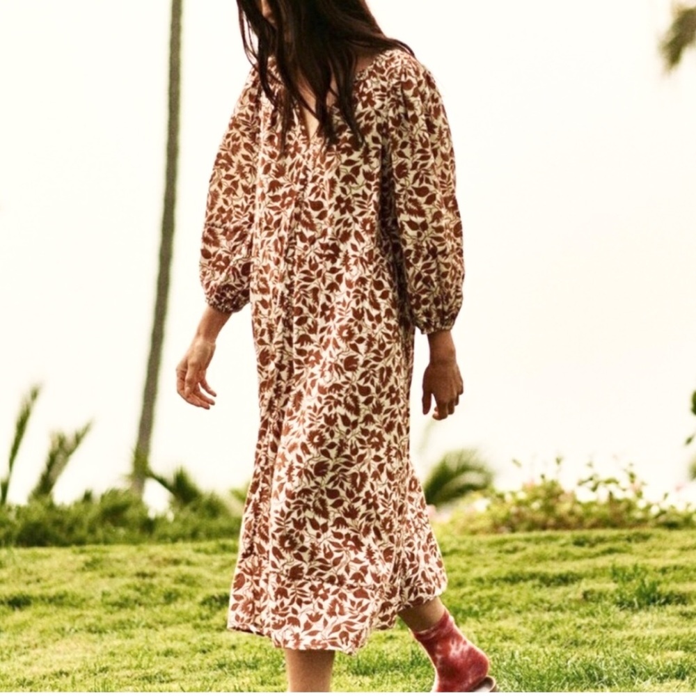 THE GREAT The Whip Stitched Willow Dress Brown Blossom Floral Midi